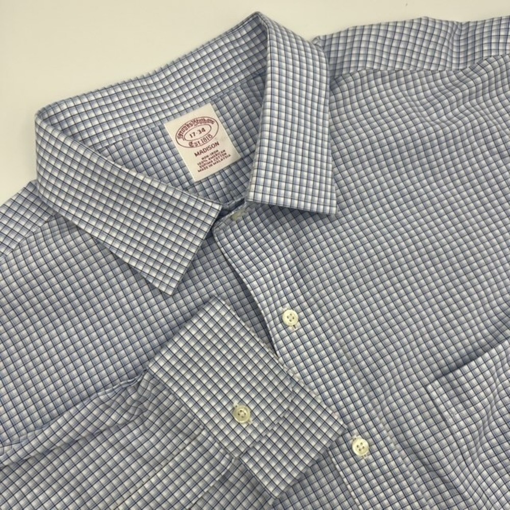 Brooks Brothers Madison Men's 17-34 Blue Checkered Non-Iron Dress‎ Shirt